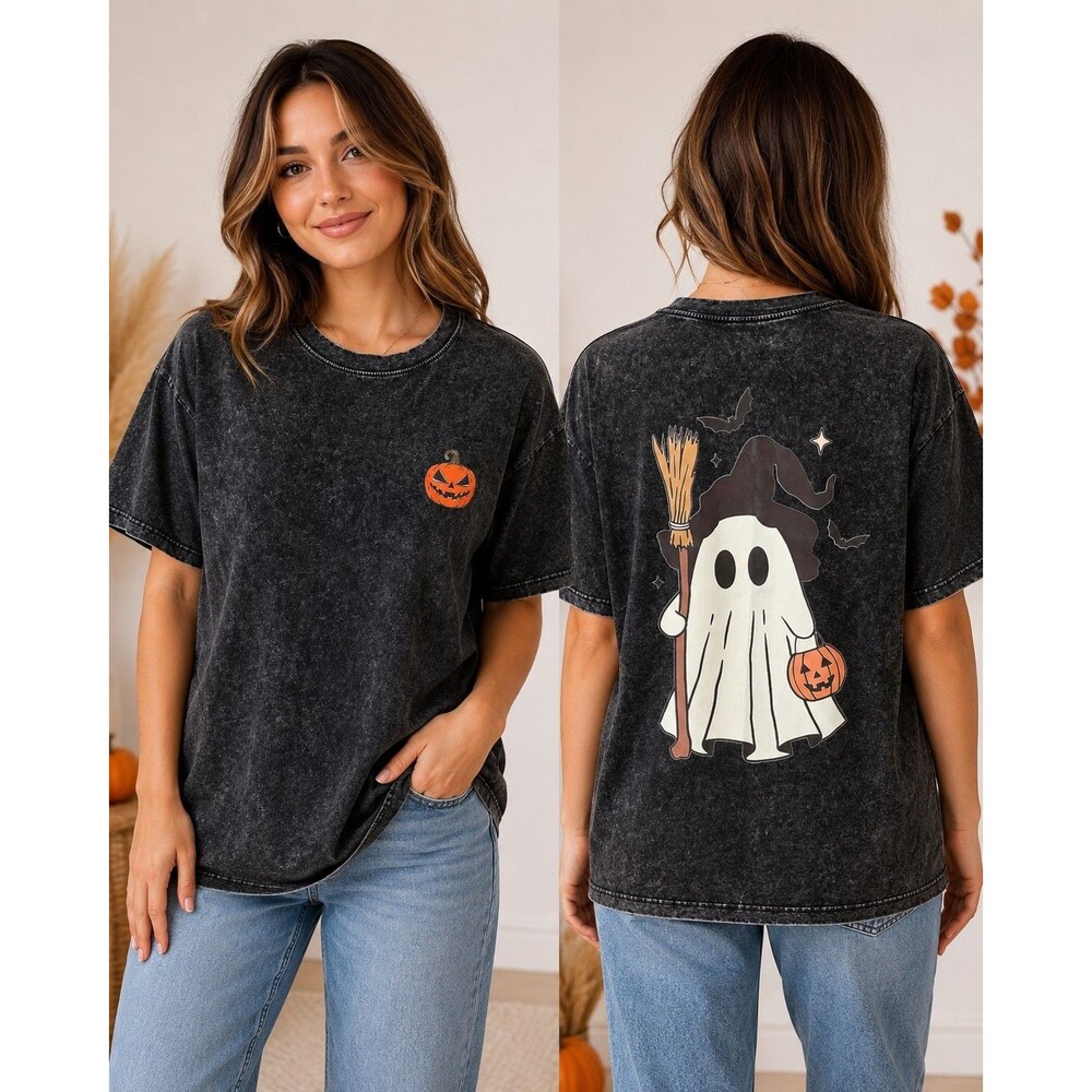 TSJ92A Men L Halloween Ghost Witch T-Shirt Black Acid Wash Pumpkin Graphic